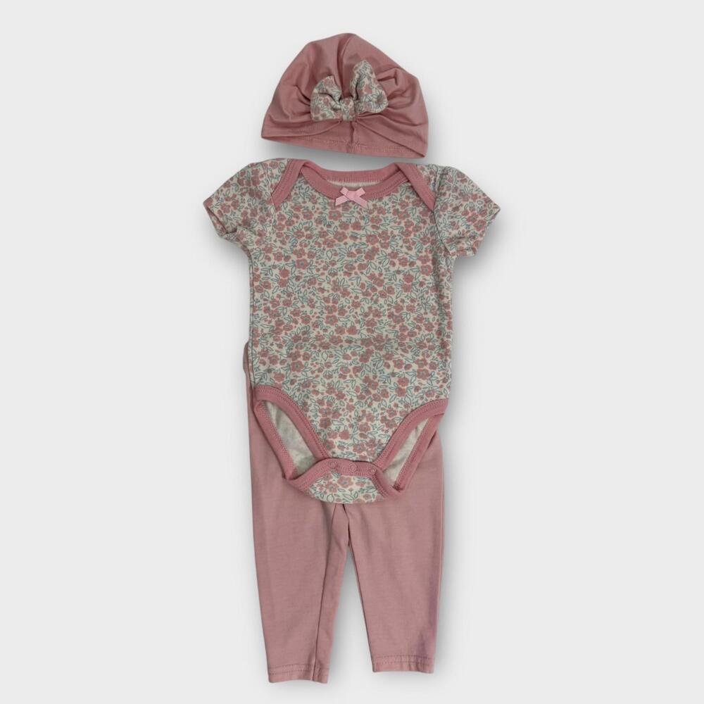 Mini Bean Baby Girl’s Size 6-9M 3 Piece Set Hat Bodysuit Pants Floral Print Pink